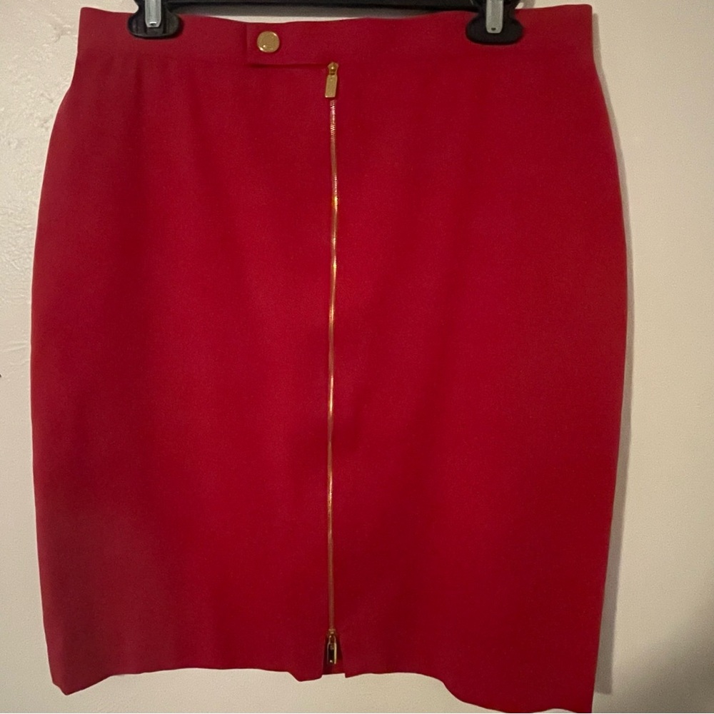 Ralph Lauren Red Pencil Skirt Front Gold Zip Detail Womens Vintage - Size 6